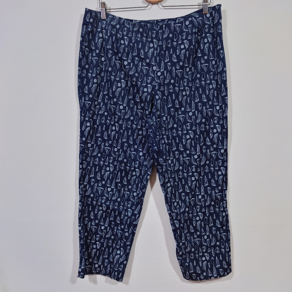 CJC Essentials Capri Pants Size 18 Nautical Sailboat Print Cotton Stretch Croppe